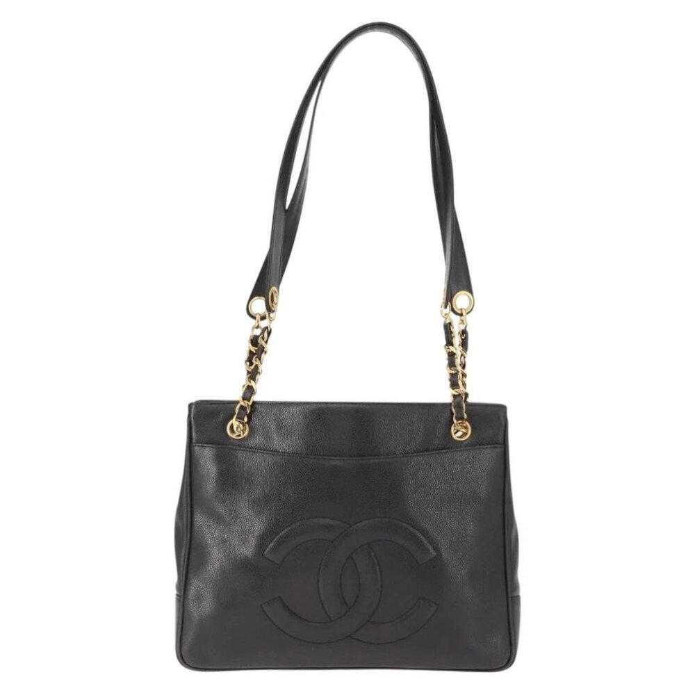 CHANEL Tote Bag Grained Calf Skin Black Gold CC Auth BA7490 - Picture 1 of 16